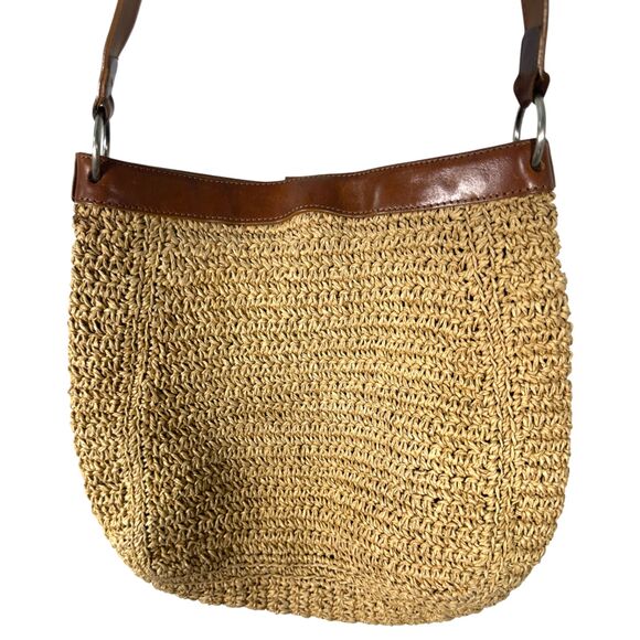 Fossil Raffia Straw Woven Brown Leather Floral Details Crossbody Purse Handbag - Picture 5 of 5